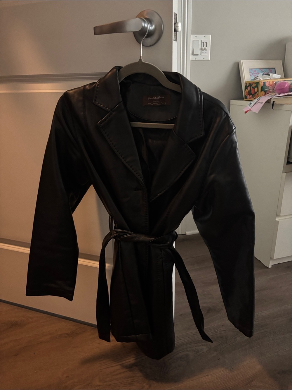 Vintage tie waist leather jacket